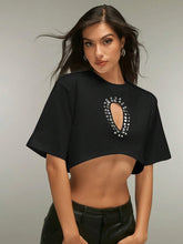 Women's White Round Neck Short Sleeve Loose Cropped T-Shirt With Rhinestone Hollow-Out Asymmetric Hem